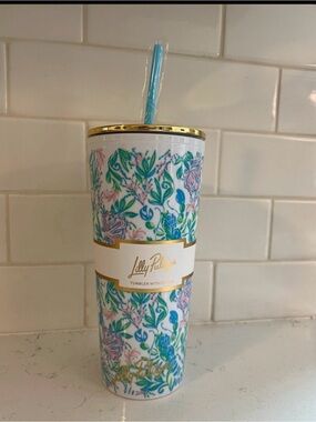 NWT Lilly Pulitzer  Stainless Tumbler w/ Straw - Blue, Pink, Green & Gold lid